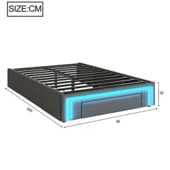 Cadre de lit 90x200cm sans tête, LED, PU, plateforme métal avec tiroirs, gris