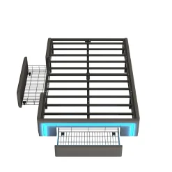 Cadre de lit 90x200cm sans tête, LED, PU, plateforme métal avec tiroirs, gris