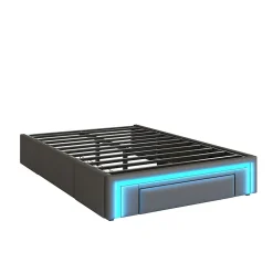 Cadre de lit 90x200cm sans tête, LED, PU, plateforme métal avec tiroirs, gris