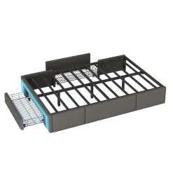 Cadre de lit 90x200cm sans tête, LED, PU, plateforme métal avec tiroirs, gris