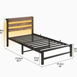 Cadre lit LED 90x200 cm, recharge USB, rangement sous matelas, structure métal
