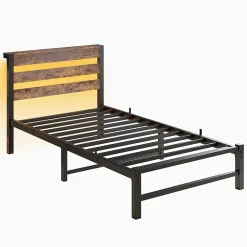 Cadre lit LED 90x200 cm, recharge USB, rangement sous matelas, structure métal