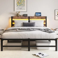 Cadre lit LED 140x200 cm, recharge USB, rangement sous matelas, métal