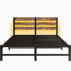 Cadre lit LED 140x200 cm, recharge USB, rangement sous matelas, métal