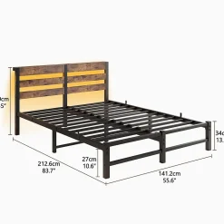 Cadre lit LED 140x200 cm, recharge USB, rangement sous matelas, métal