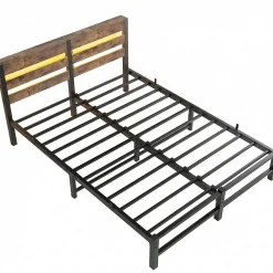 Cadre lit LED 140x200 cm, recharge USB, rangement sous matelas, métal