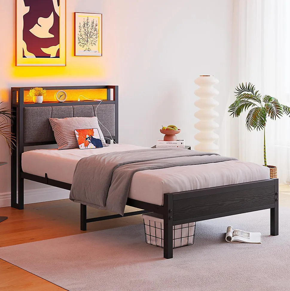 Cadre lit LED 90x200 cm, tête de lit USB, lattes métalliques, montage facile