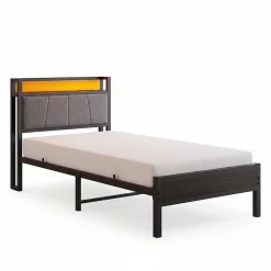 Cadre lit LED 90x200 cm, tête de lit USB, lattes métalliques, montage facile