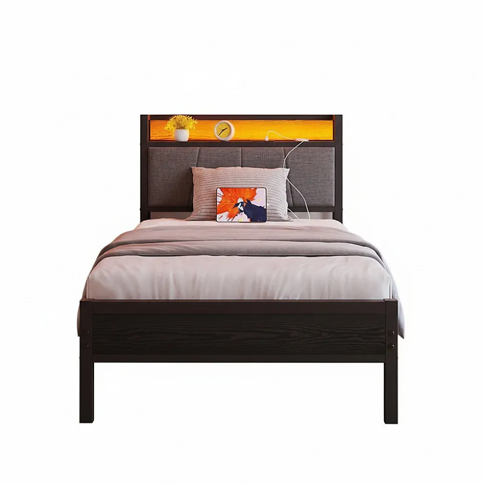 Cadre lit LED 90x200 cm, tête de lit USB, lattes métalliques, montage facile