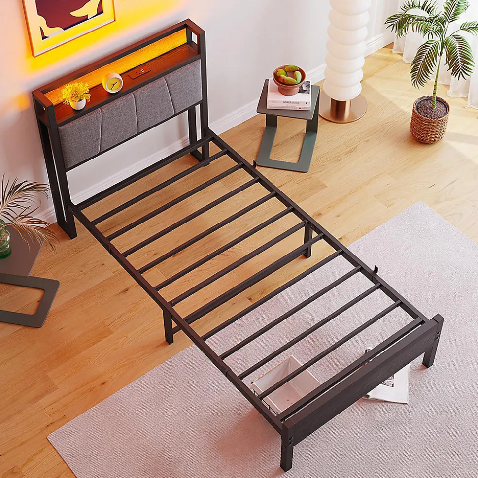 Cadre lit LED 90x200 cm, tête de lit USB, lattes métalliques, montage facile