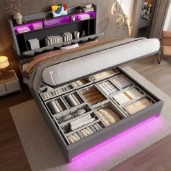 Cadre lit rembourré 160x200 cm, LED, USB-C, rangement hydraulique sous lit - gris