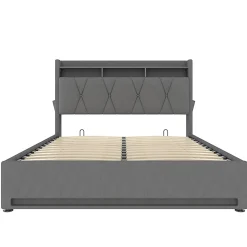 Cadre lit rembourré 160x200 cm, LED, USB-C, rangement hydraulique sous lit - gris