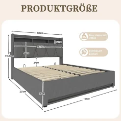 Cadre lit rembourré 160x200 cm, LED, USB-C, rangement hydraulique sous lit - gris