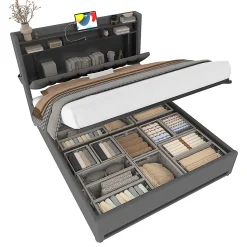 Cadre lit rembourré 160x200 cm, LED, USB-C, rangement hydraulique sous lit - gris