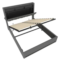 Cadre lit rembourré 160x200 cm, LED, USB-C, rangement hydraulique sous lit - gris