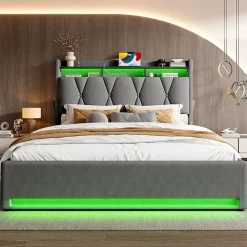 Cadre lit rembourré 160x200 cm, LED, USB-C, rangement hydraulique sous lit - gris