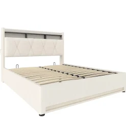 Cadre lit rembourré 140x200 cm, LED, USB-C, rangement hydraulique sous lit - beige