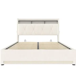 Cadre lit rembourré 140x200 cm, LED, USB-C, rangement hydraulique sous lit - beige