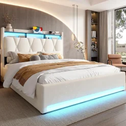 Cadre lit rembourré 140x200 cm, LED, USB-C, rangement hydraulique sous lit - beige