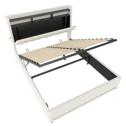 Cadre lit rembourré 140x200 cm, LED, USB-C, rangement hydraulique sous lit - beige