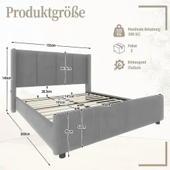 Cadre lit rembourré 140x190 cm, tête/pied hauts, USB, fer/bois - gris