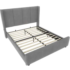 Cadre lit rembourré 140x190 cm, tête/pied hauts, USB, fer/bois - gris