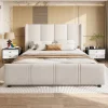 Cadre lit 140x200cm, tête/pied hauts, USB, fer + bois, beige