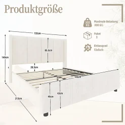 Cadre lit 140x200cm, tête/pied hauts, USB, fer + bois, beige