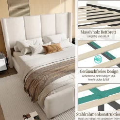 Cadre lit 140x200cm, tête/pied hauts, USB, fer + bois, beige