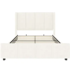 Cadre lit 140x200cm, tête/pied hauts, USB, fer + bois, beige