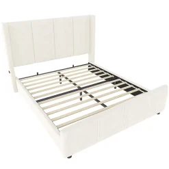 Cadre lit 140x200cm, tête/pied hauts, USB, fer + bois, beige