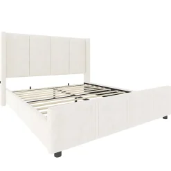 Cadre lit 140x200cm, tête/pied hauts, USB, fer + bois, beige