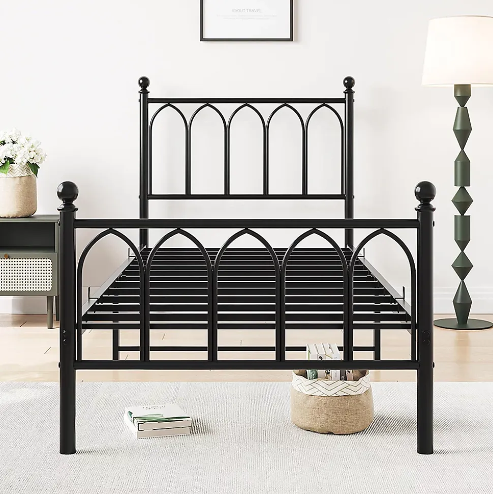 Cadre métal vintage 90x200 cm, rangement sous lit, lattes acier - noir