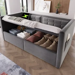 Canapé 3 places convertible en tissu avec mécanisme clic-clac, accoudoirs et style contemporain pour salon