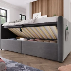 Canapé 3 places convertible en tissu avec mécanisme clic-clac, accoudoirs et style contemporain pour salon