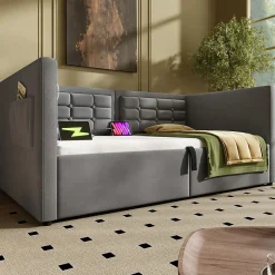 Canapé 3 places convertible en tissu avec mécanisme clic-clac, accoudoirs et style contemporain pour salon