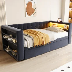 Canapé 3 places convertible 200x90x85 cm avec couchage 140x190 cm, coffre de rangement, tissu gris design