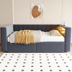 Canapé 3 places convertible 200x90x85 cm avec couchage 140x190 cm, coffre de rangement, tissu gris design