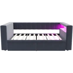 Canapé 3 places convertible 200x90x85 cm avec couchage 140x190 cm, coffre de rangement, tissu gris design