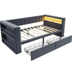 Canapé 3 places convertible 200x90x85 cm avec couchage 140x190 cm, coffre de rangement, tissu gris design