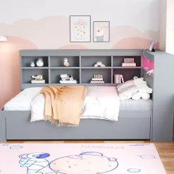 Canapé en bois massif 140x200 cm avec grands tiroirs port USB bande LED étagères rangement lit double multifonction gris