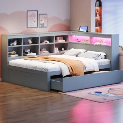 Canapé en bois massif 140x200 cm avec grands tiroirs port USB bande LED étagères rangement lit double multifonction gris