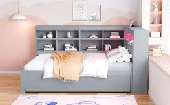 Canapé en bois massif 140x200 cm avec grands tiroirs port USB bande LED étagères rangement lit double multifonction gris