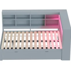 Canapé en bois massif 140x200 cm avec grands tiroirs port USB bande LED étagères rangement lit double multifonction gris