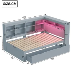 Canapé en bois massif 140x200 cm avec grands tiroirs port USB bande LED étagères rangement lit double multifonction gris