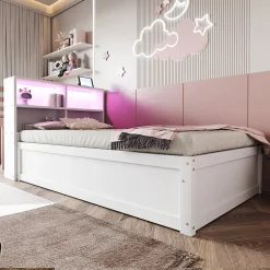 Canapé lit 90 par 200 cm avec prise multiple rangement lumineux lit hydraulique bois massif lit simple multifonction blanc