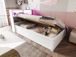 Canapé lit 90 par 200 cm avec prise multiple rangement lumineux lit hydraulique bois massif lit simple multifonction blanc