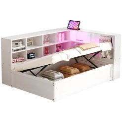 Canapé lit 90 par 200 cm avec prise multiple rangement lumineux lit hydraulique bois massif lit simple multifonction blanc