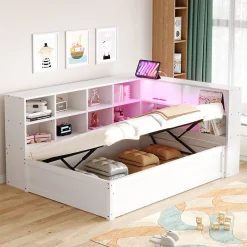 Canapé lit 90 par 200 cm avec prise multiple rangement lumineux lit hydraulique bois massif lit simple multifonction blanc