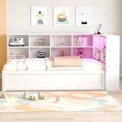 Canapé lit 90 par 200 cm avec prise multiple rangement lumineux lit hydraulique bois massif lit simple multifonction blanc